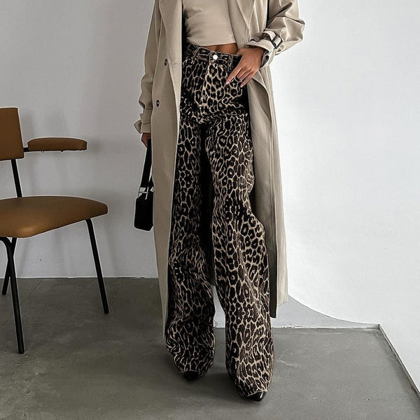 Summer Retro Street Style Loose Low Waist Leopard Print Trousers Versatile Cotton Wide Leg Pants Casual Pants