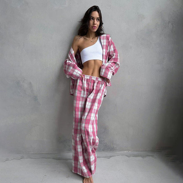 Fashion Plaid Shirt And Trousers Two-piece Set